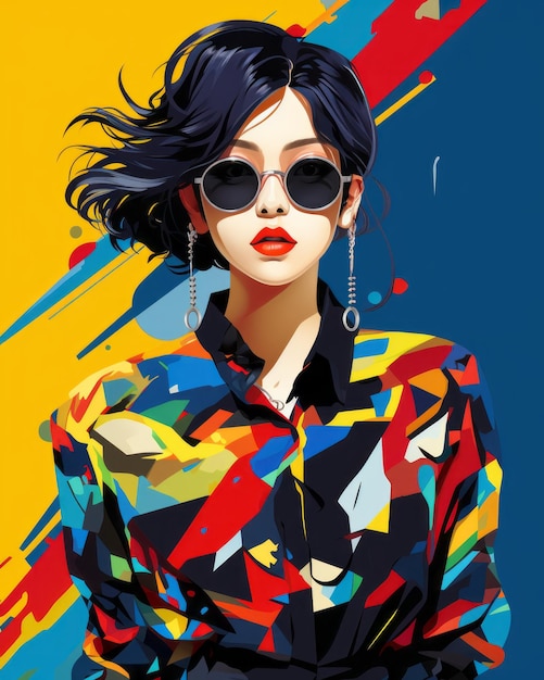 An illustration of a woman wearing sunglasses and a colorful shirt