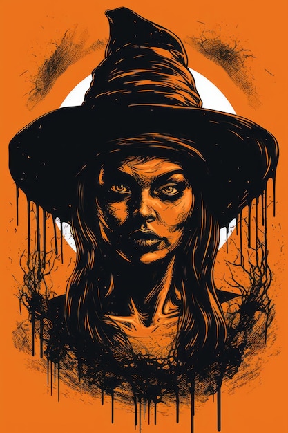 오렌지 배경에 마녀 모자를 쓰고 있는 여자의 그림