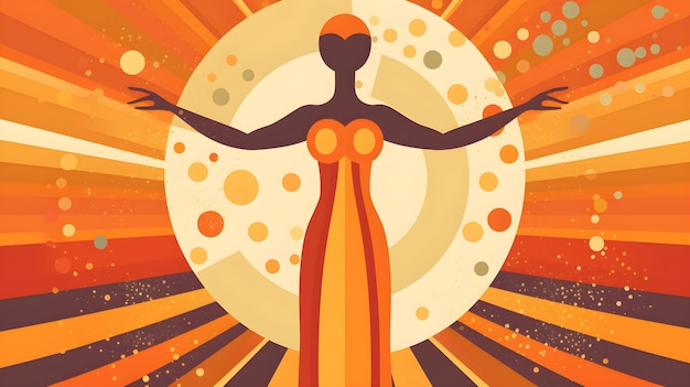 An illustration of a woman with arms outstretched in front of a circle