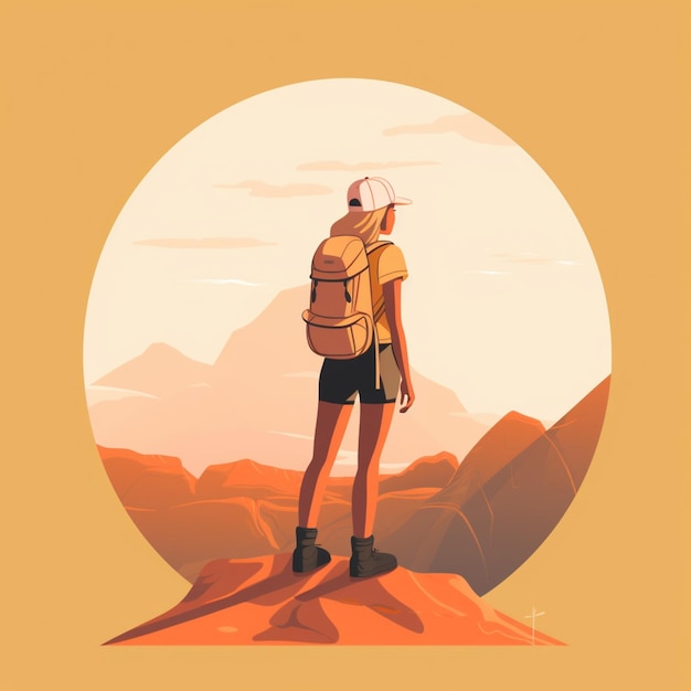 Photo illustration of a woman with a backpack standing on a mountain generative ai