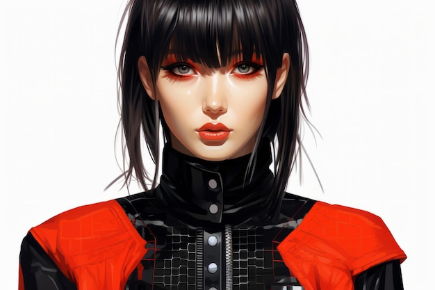 an illustration of a woman with black hair and red jacket