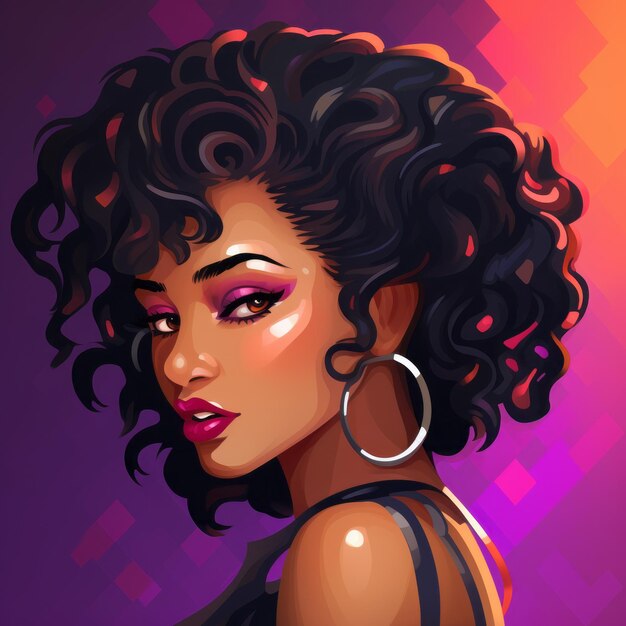 An illustration of a woman with curly hair and earrings