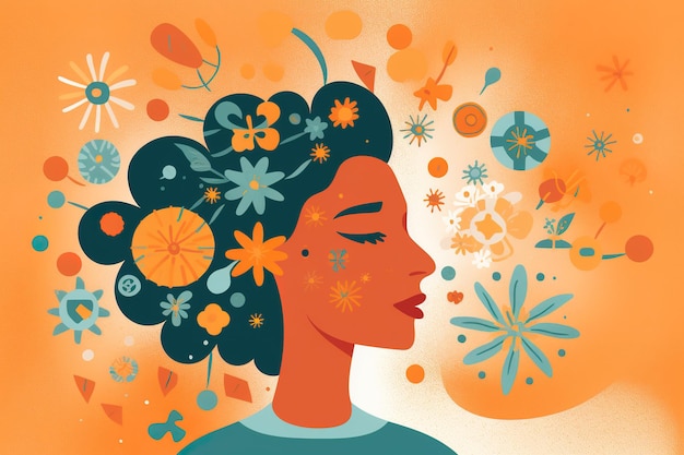 An illustration of a woman with flowers on her head