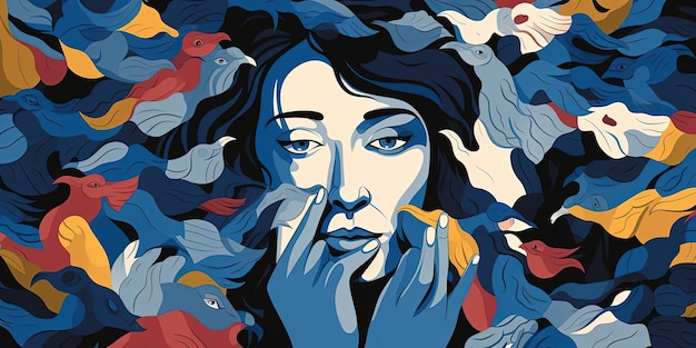 다채롭게 추상화된 얼굴 스타일로 새를 손에 들고 있는 여성의 삽화