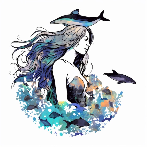 Photo illustration of a woman with long hair and a dolphin in the water generative ai