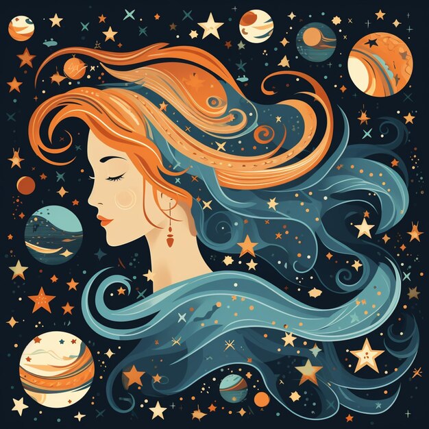 illustration of a woman with long hair and planets in the background generative ai