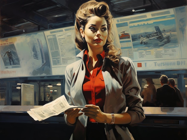 illustration of woman with plane tickets in the airport