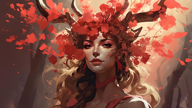 an illustration of a woman with red flowers and deer skull on her head