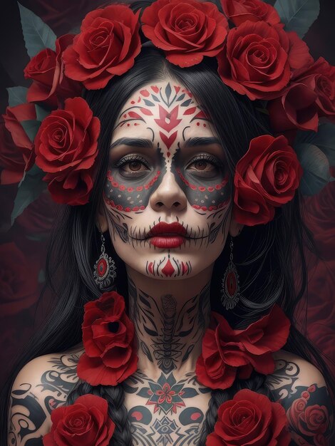 Illustration of a woman with a skull and roses in her hair created with Generative AI technology