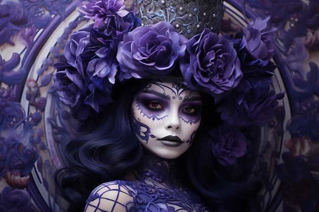 Illustration of woman with traditional la muerte makeup Mexican festival Dia de los Muertos Halloween