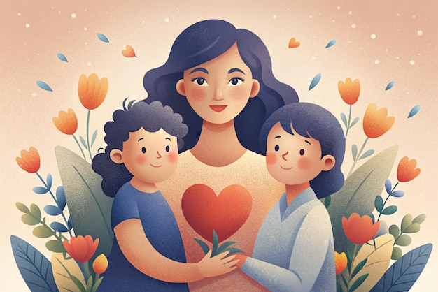 Photo illustration of a woman with two children holding a heart