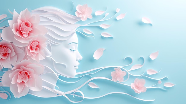 Photo illustration of a womans face and flowers in paper style on a blue background with space for international womens day and the 8th march holiday