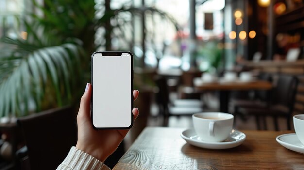 An illustration of a womans hand holding a phone in an inky cafe with a white screen Generative AI