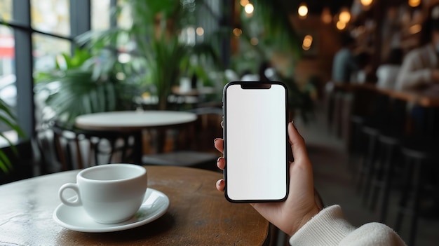 An illustration of a womans hand holding a phone in an inky cafe with a white screen Generative AI