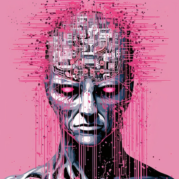 an illustration of a womans head with a pink background