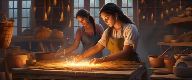 An illustration of women artisans creating beautiful handicrafts