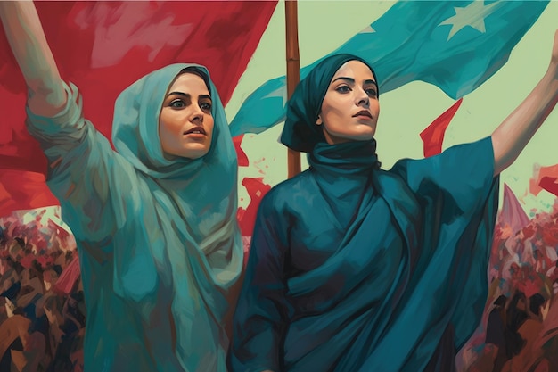 An illustration of women holding flags inspired by Indian pop culture portraying the concept of strong and empowered women Generative AI