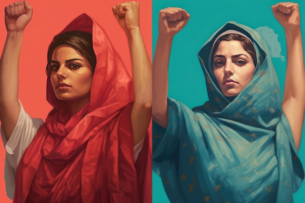 An illustration of women holding flags inspired by Indian pop culture portraying the concept of strong and empowered women Generative AI