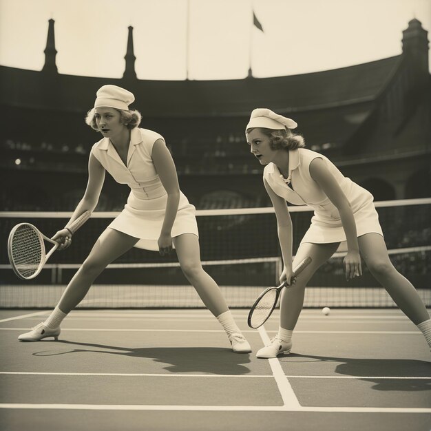 Photo illustration of women playing doubles at tennis