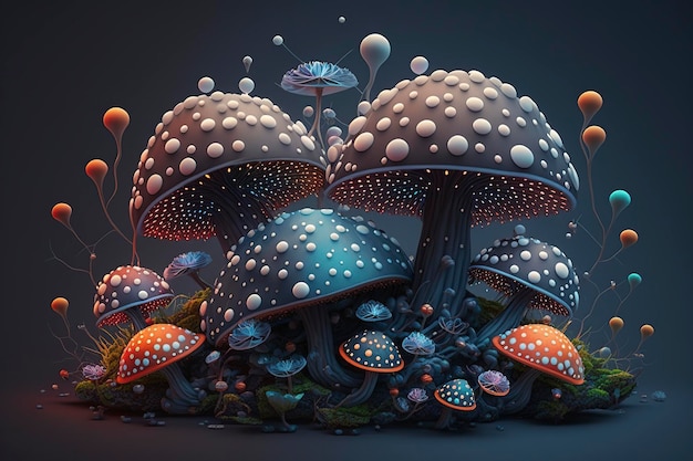 Foto illustrazione un meraviglioso fungo e flora che adornano un mondo immaginario ai generativo