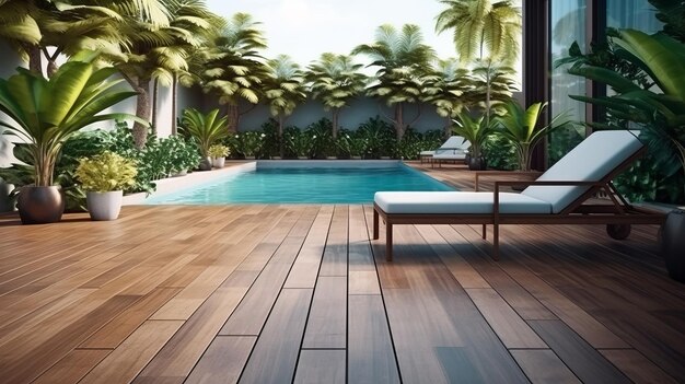 Khu Vực Bể Bơi với Gỗ Nhựa