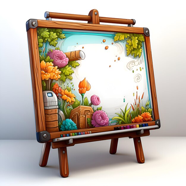 Photo illustration of a wooden easel with a picture of nature