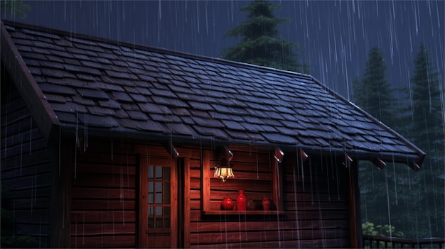 Photo illustration of a wooden house in the forest at night with full moon