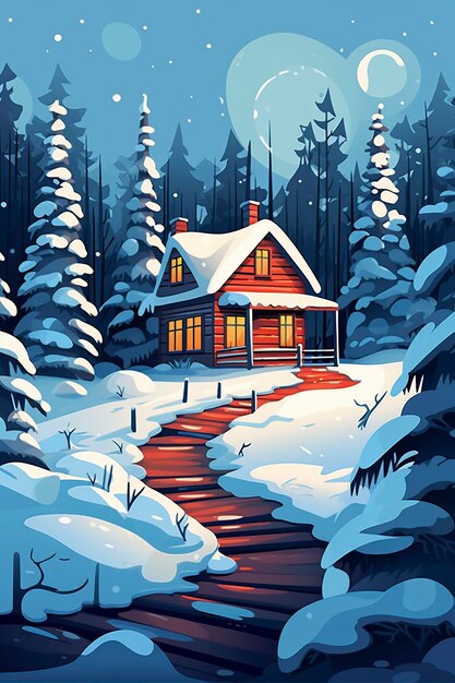 illustration wooden house in a snowy forest