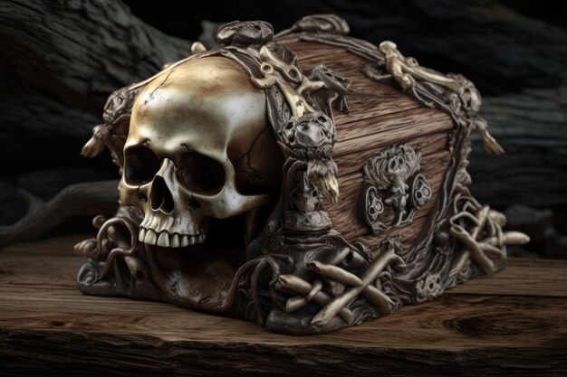 Photo illustration of wooden pirate chest with skull generative ai