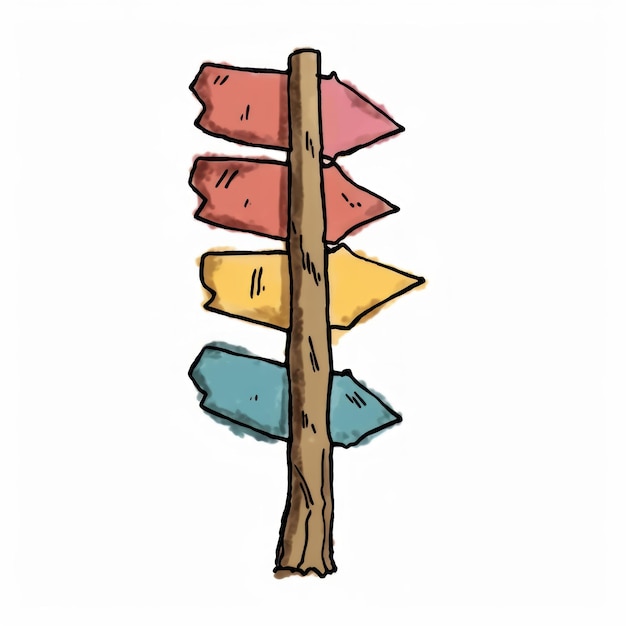 Illustration of a wooden signpost with arrows pointing to different directions