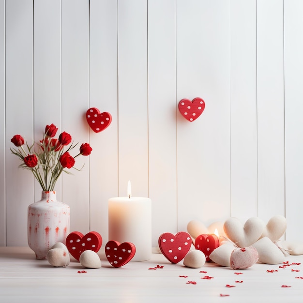 иллюстрация деревянного белого фона с подарками в виде красных сердечек