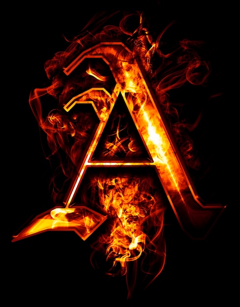 Photo a, illustration of  word with chrome effects and red fire on black background