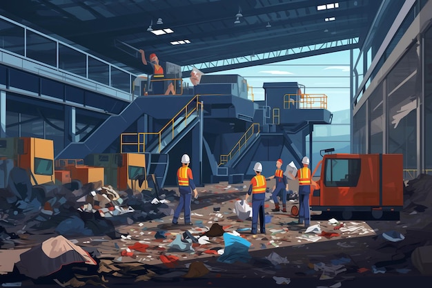 Illustration of workers at a busy waste recycling facility with garbage