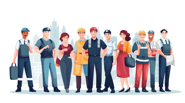 Illustration of Workers in Different Uniforms and Hats