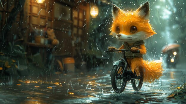 Illustration of the World of Children39s Imagination A little Fox rides a unicycle in the rain Images of a realistic fantastic cartoon style scene wallpaper background greeting card design