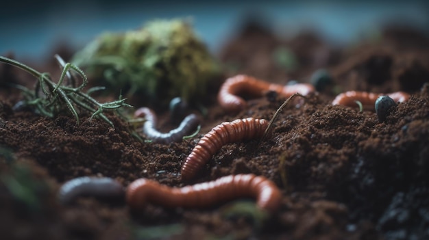 Illustration of a worm in the middle of a forest on a pile of dry leaves
