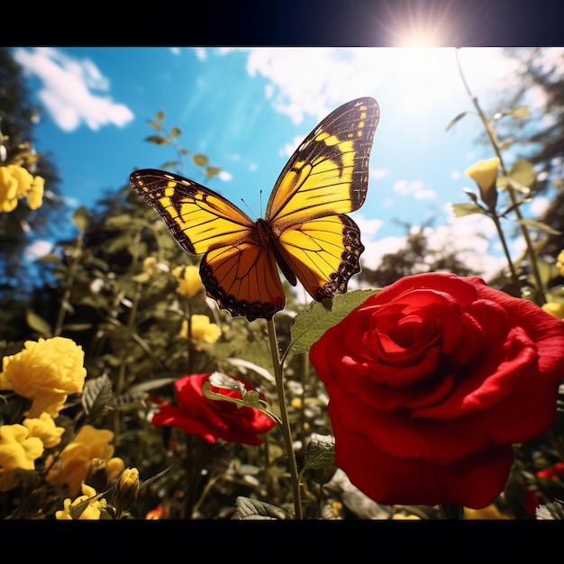 illustration of a yellow butterfly on a red rose printmaking Natural