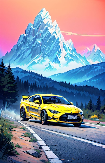 Illustration of Yellow Car Drifting with Snow Mountain View