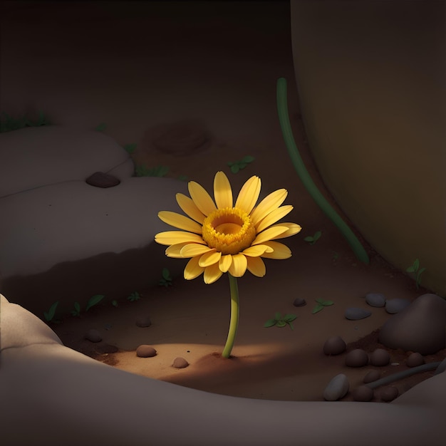 Illustration of a yellow daisy flower in the desert with sand