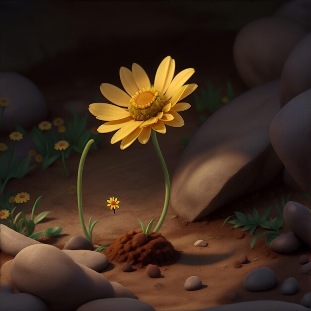 Illustration of a yellow daisy flower in the desert with sand