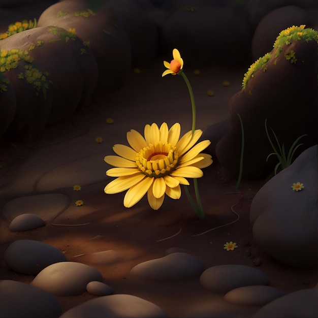 Illustration of a yellow daisy flower in the desert with sand