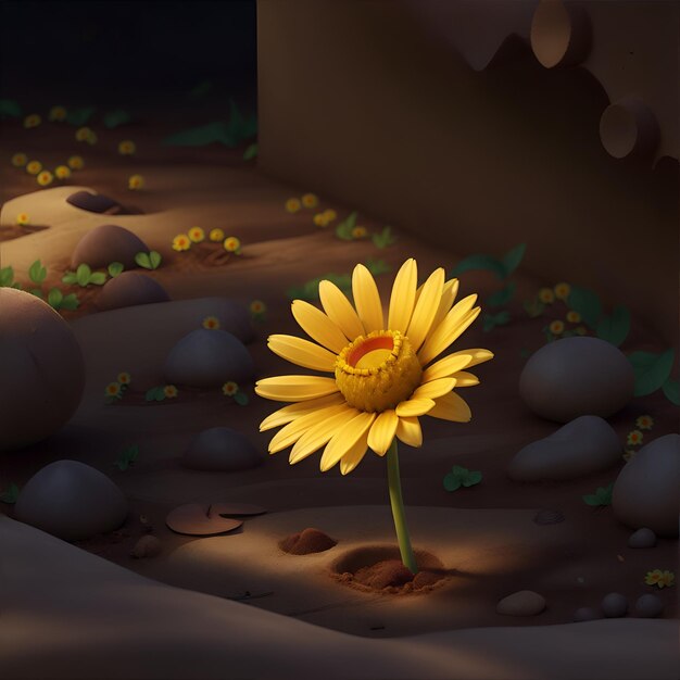 Illustration of a yellow daisy flower in the desert with sand