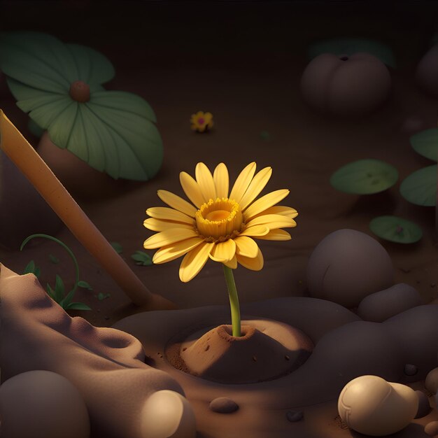 Illustration of a yellow daisy flower in the desert with sand