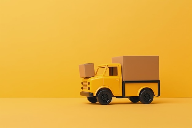 노란색 배달 트럭과 골판지 상자 노란색 배경 물류 개념의 그림 겐