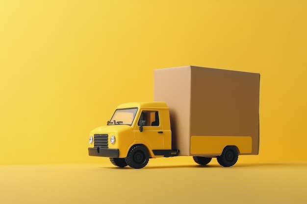 黄色の配送トラックと段ボール箱の黄色の背景の物流コンセプトのイラスト