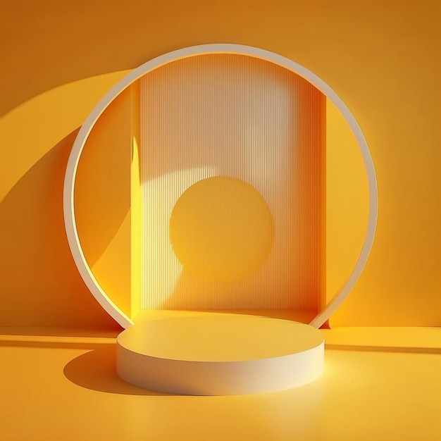 Illustration of yellow display podium with a sleek circular arch background template Generative AI