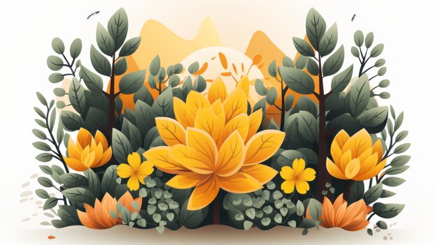 an illustration of yellow flowers and leaves on a white background