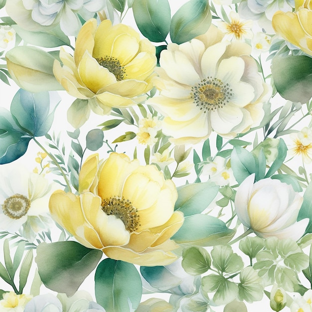 Illustration of yellow flowers watercolor seamless patterns generative ai