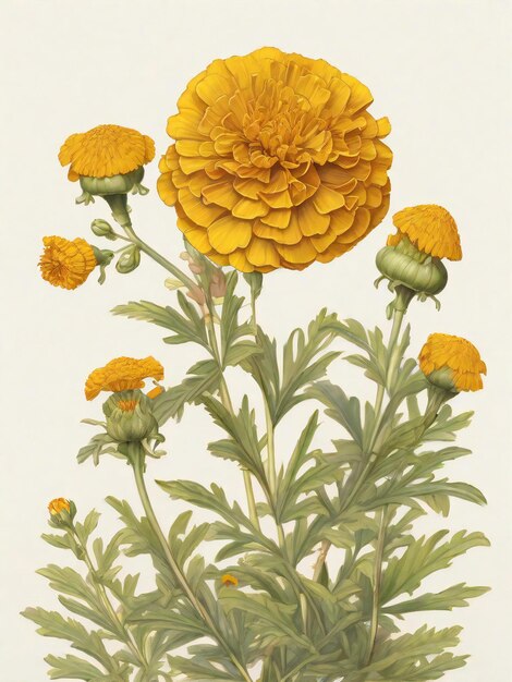 an illustration of a yellow Marigold flower with green leaves