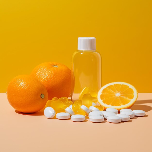 Photo illustration of yellow pills next to orange slices on plain orange